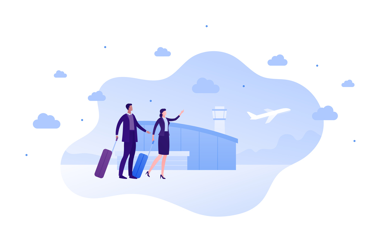 Business travel concept. Vector flat people illustration. Male and female couple of businessman and businesswoman in suit with bag on airport terminal building background.